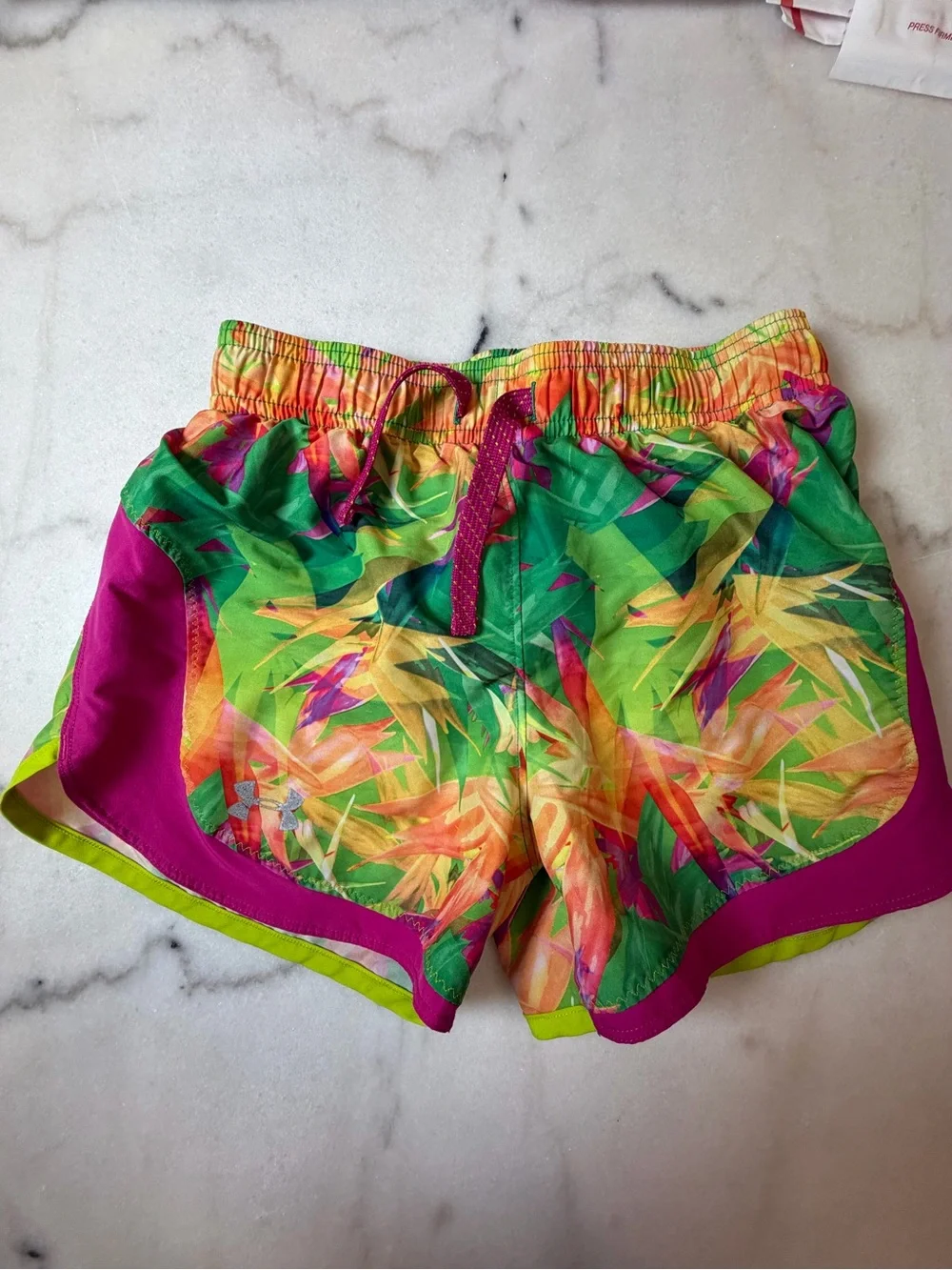 Under Armour Tropical Print Athletic Shorts - Green & Pink
